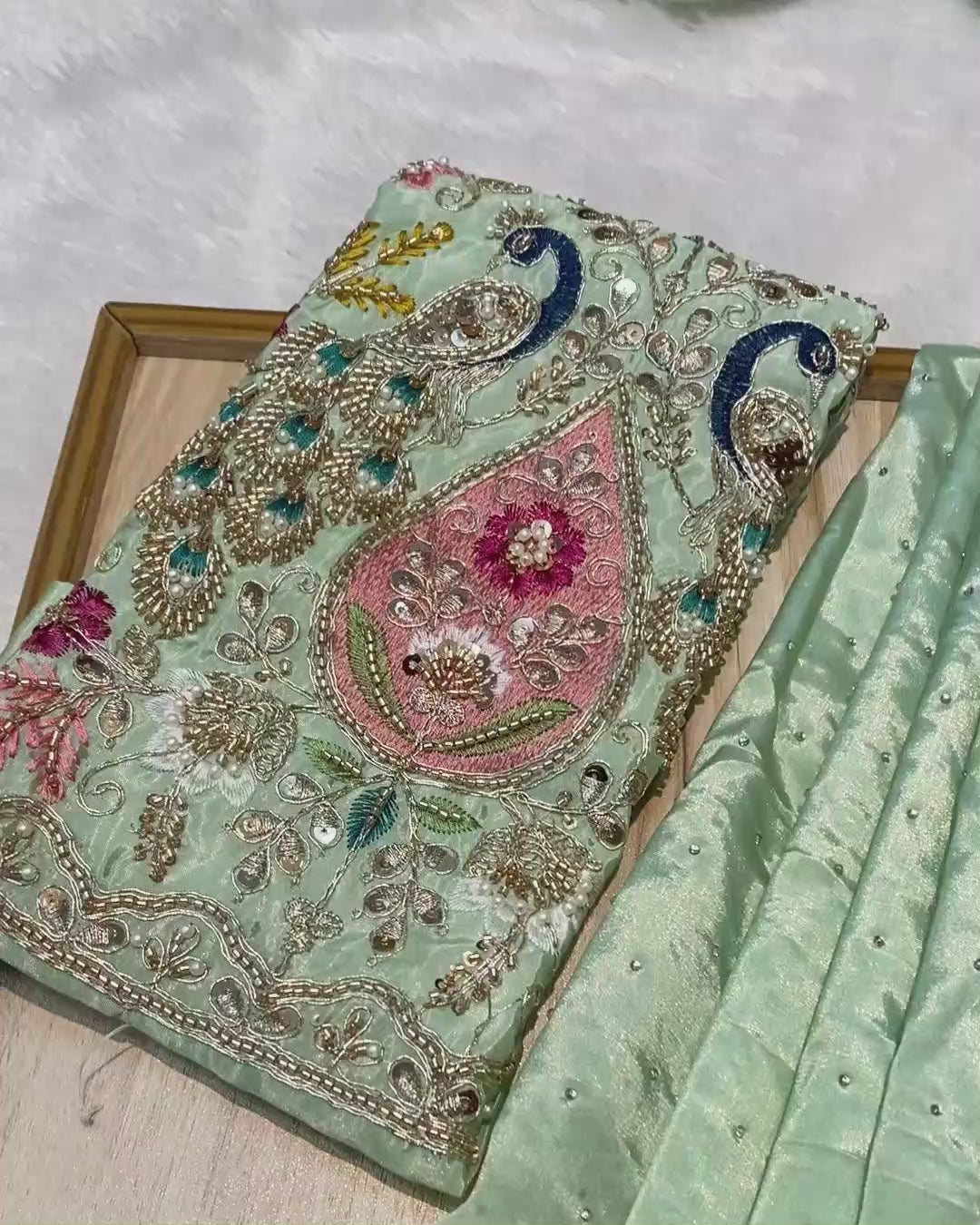 Pista Green Colour Chinnon Silk Saree With Heavy work Blouse Piece