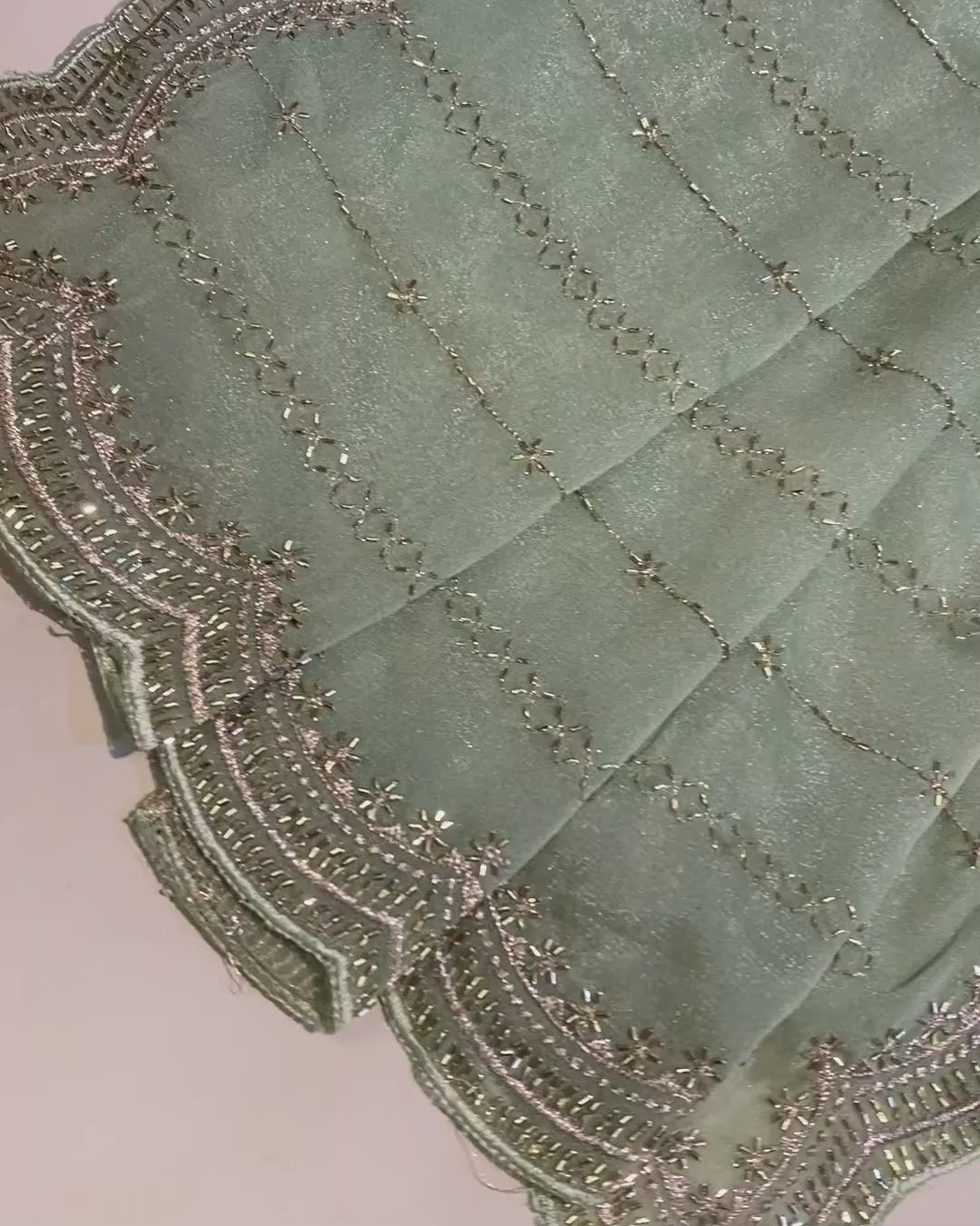 Dusty Olive Green Colour Shimmer Georgette Saree with Bead Work