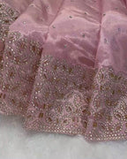 Pink Colour Chinnon Silk Saree With Heavy work Blouse Piece