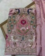 Pink Colour Chinnon Silk Saree With Heavy work Blouse Piece