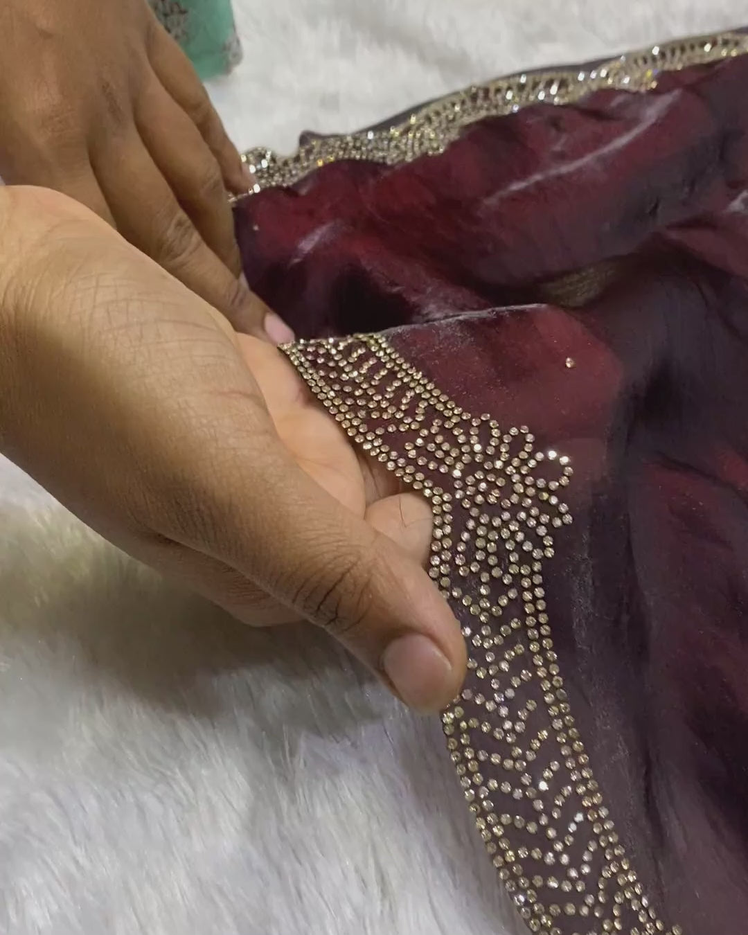 Dark Wine Colour Fandy Saree With Heavy work Blouse Piece