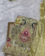 Dusty Lemon Yellow Colour Chinnon Silk Saree With Heavy work Blouse Piece