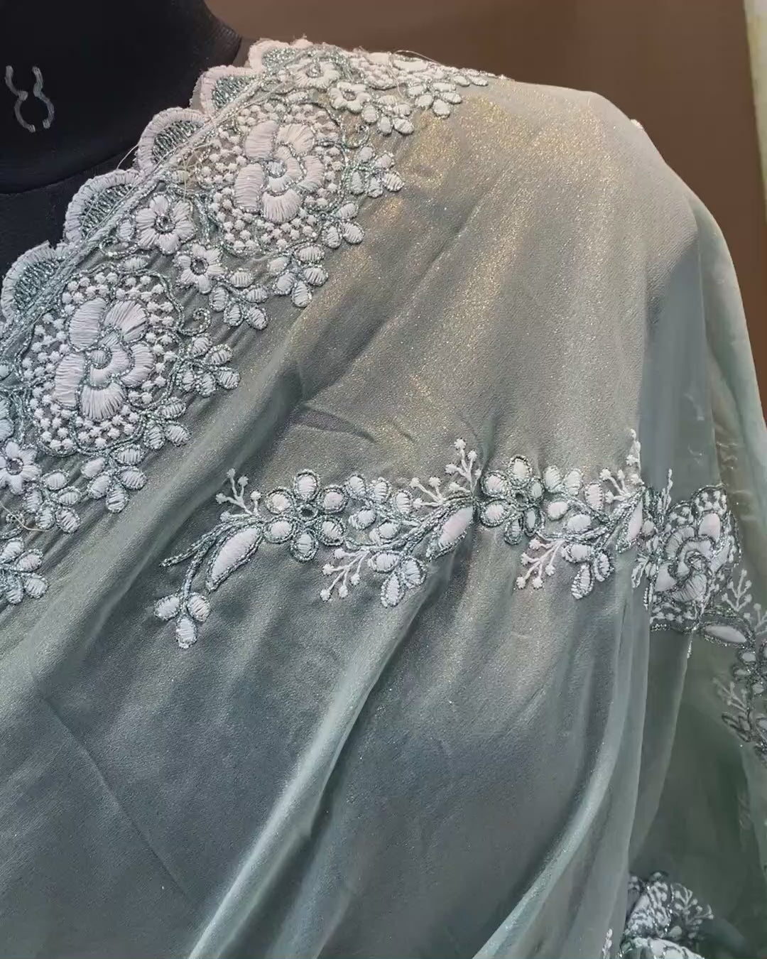 Pista Colour Shimmer Georgette Saree with Embroidery Work