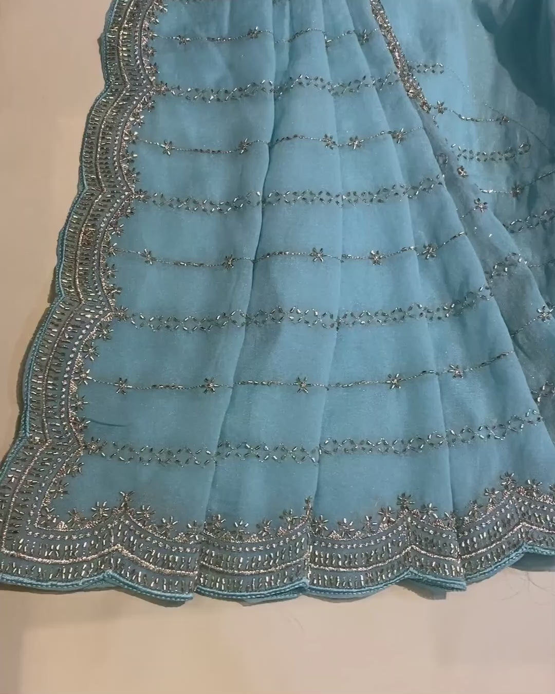 Sky Blue Colour Shimmer Georgette Saree with Bead Work
