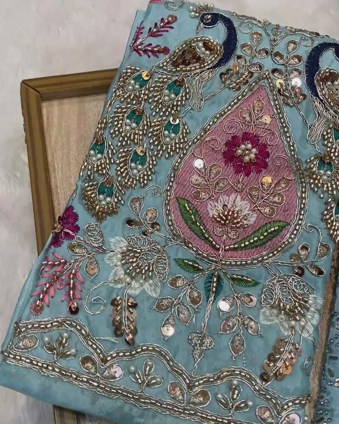 Sky Blue Colour Chinnon Silk Saree With Heavy work Blouse Piece