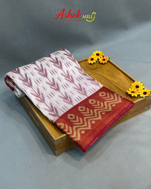 Rusty Red Colour Cotton Ikkat Printed Saree