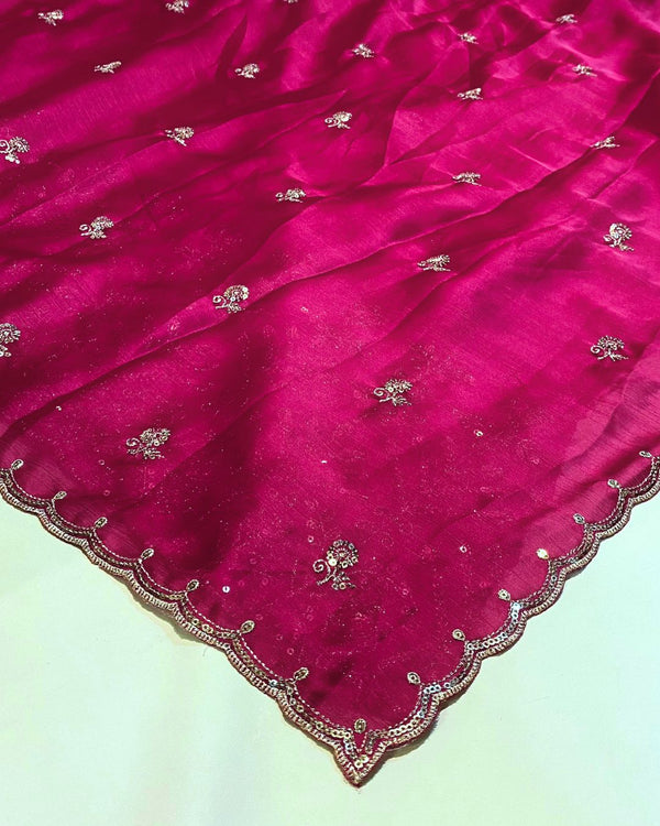 Rani Pink Colour Fandy Silk Saree with Cut Work Border
