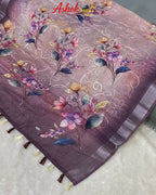 Wine Colour Cotton Digital Print with Thread Work Saree