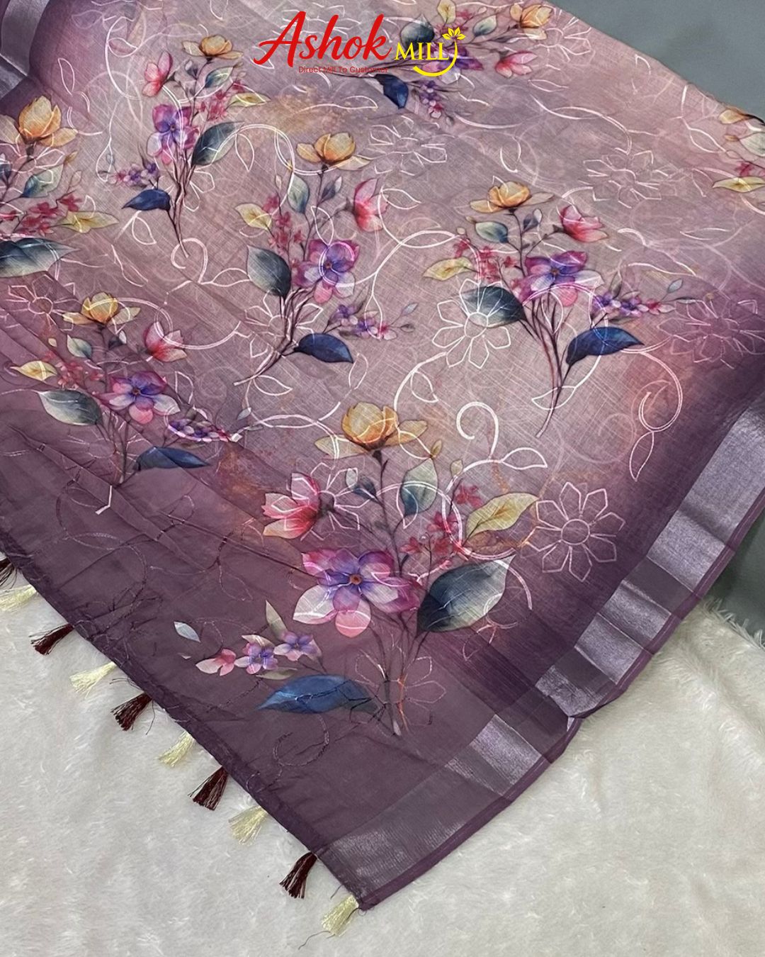 Wine Colour Cotton Digital Print with Thread Work Saree