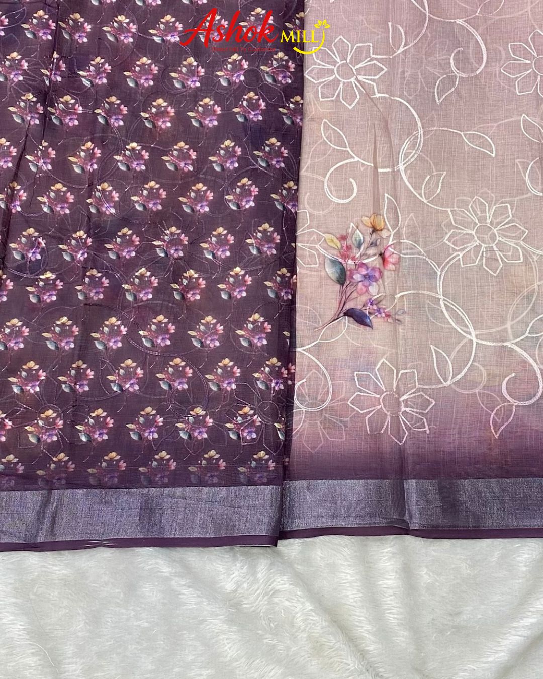 Wine Colour Cotton Digital Print with Thread Work Saree
