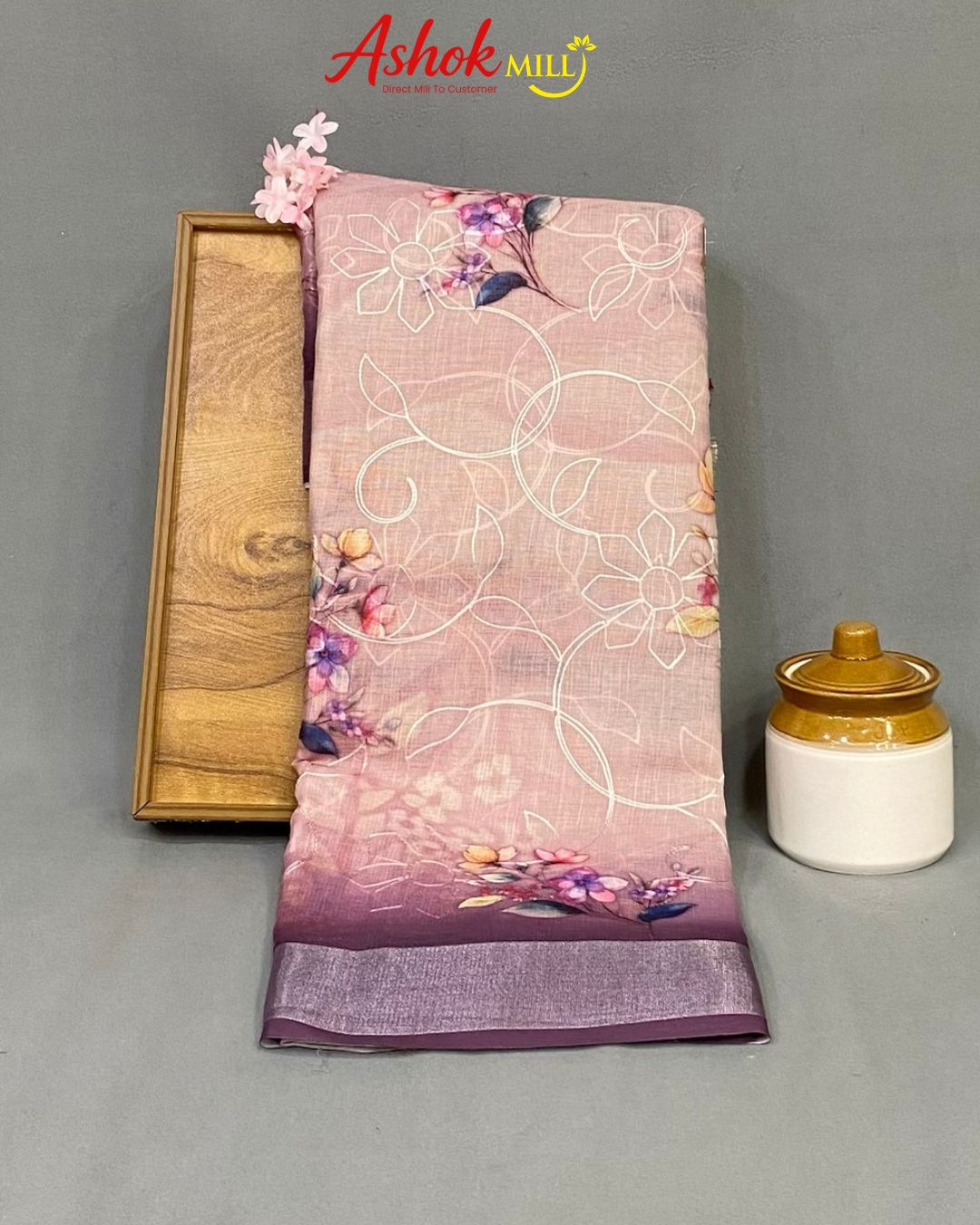 Wine Colour Cotton Digital Print with Thread Work Saree
